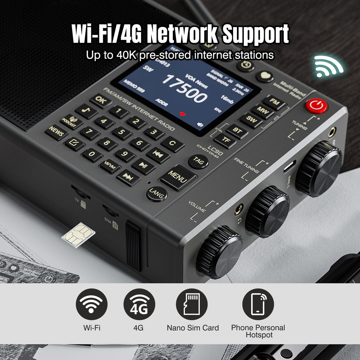 Choyong LC90 Internet Radio, Wi-Fi/4G, FM/LW/MW/SW, 40K Stations