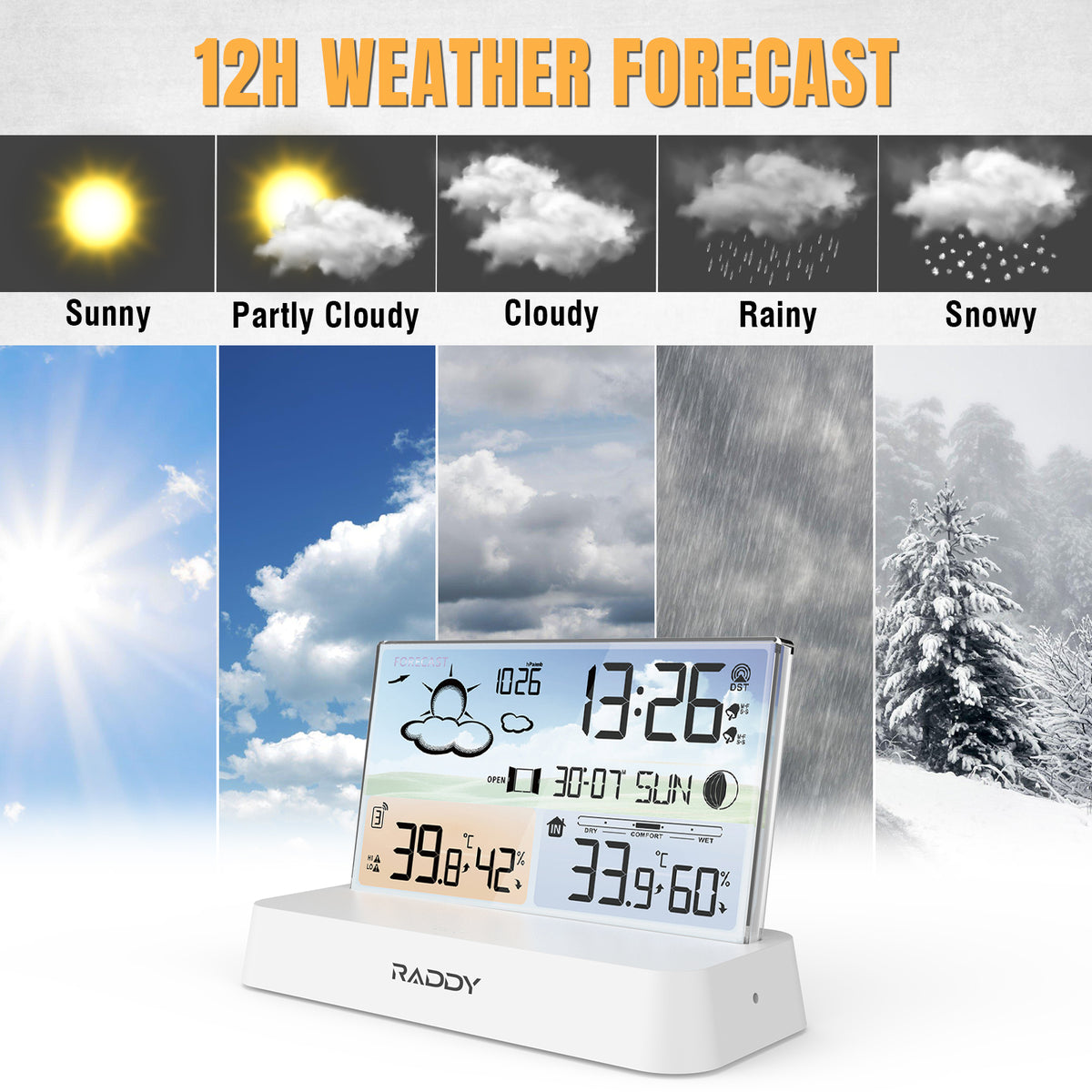 Raddy DT6 Weather Station | Temperature Humidity | Dual Alarm Clock | Adjustable Backlight, EU