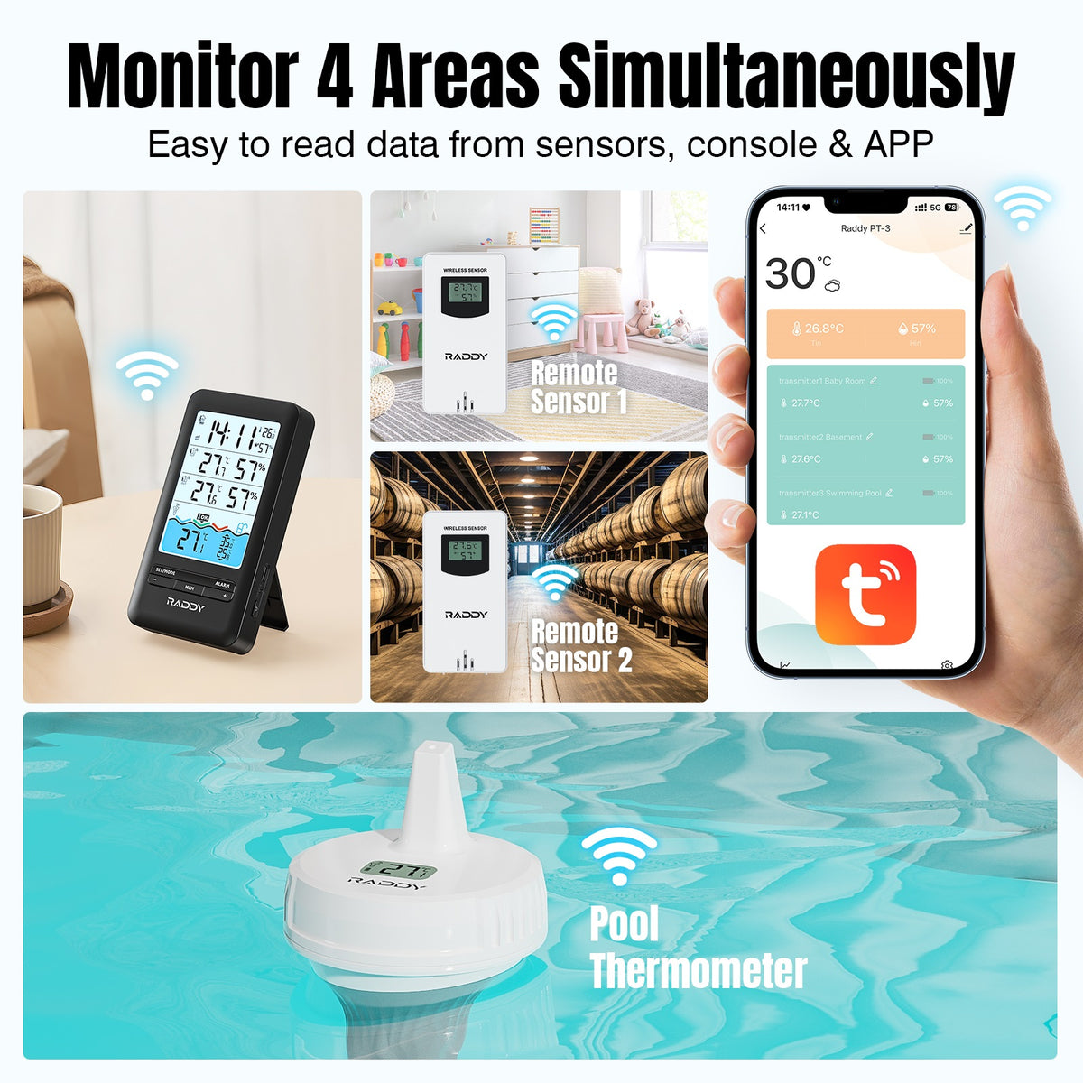 Raddy PT-3 Wi-Fi Pool Thermometer | LCD Display | IPX7 Waterproof | APP ...