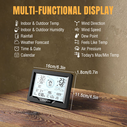 Raddy MN6 Lite Weather Station | 5-in-1 Wireless Indoor Outdoor Thermometer | Barometric Pressure | DCF Atomic Clock | Weather Forecast