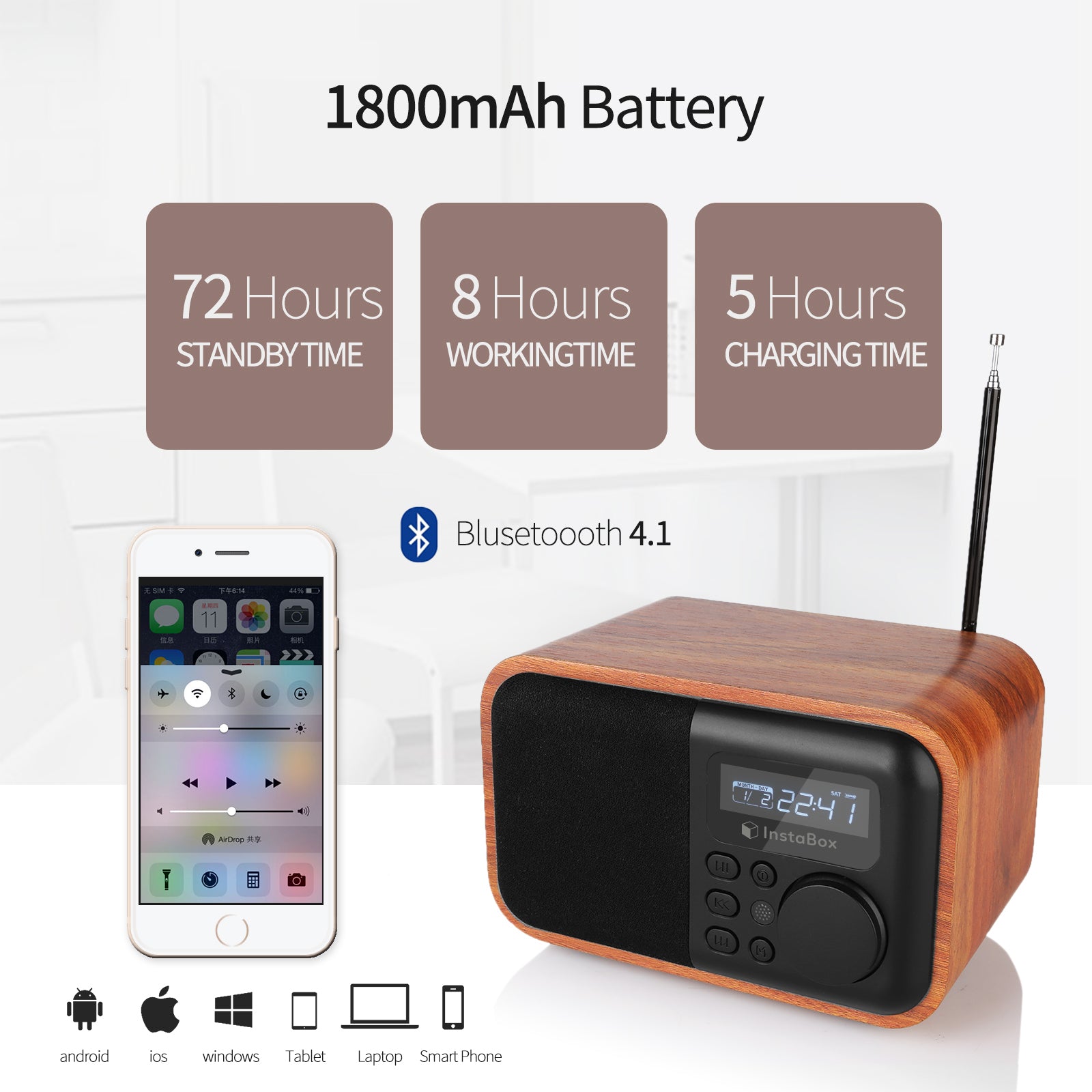 InstaBox i90 Wooden FM Clock Radio & Bluetooth Speaker [DISCONTINUED] - Radioddity