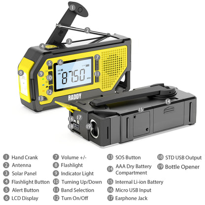 Raddy NW3 Emergency Weather Radio | NOAA Alert | Hand Crank Solar Power - Radioddity