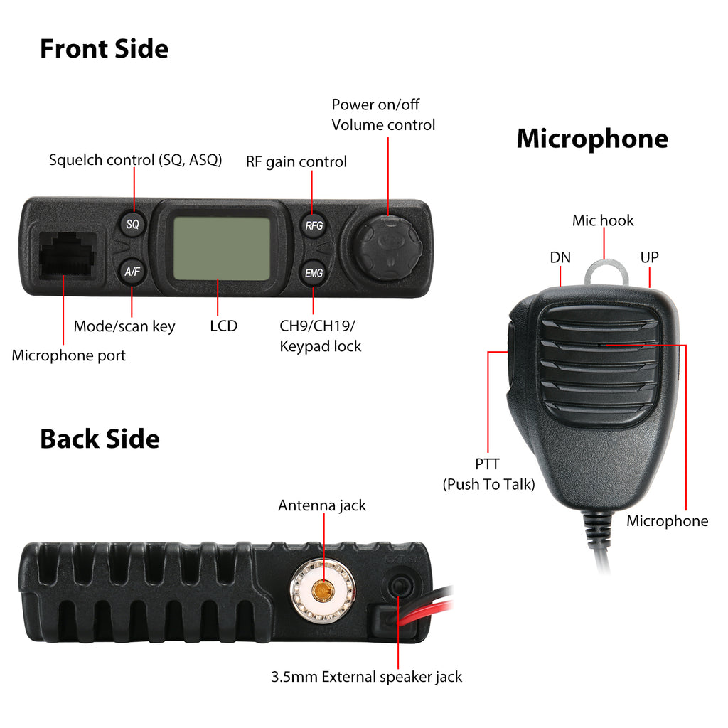 Radioddity CS-47 Radio CB Off Road Compact Mobile AM/FM 40 canaux Grand  écran LCD 7 Couleurs sur Microphone avec Haut-Parleur intégré, VOX, RF Gain  : : High-Tech